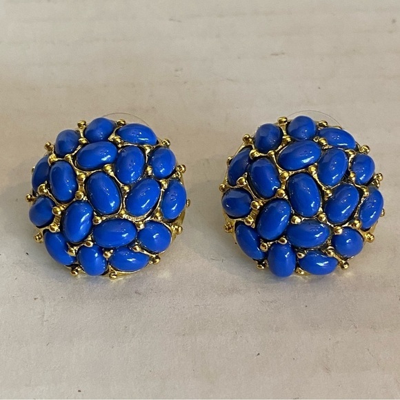 Vintage KJL by KENNETH Jay Lane Dome Cabochon Stud Earrings Navy Blue Pierce - Picture 5 of 12